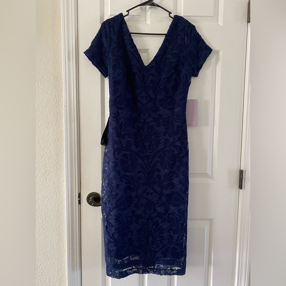JS Collections Women's Erin V-Neck Navy Midi Dress Size 8 - Picture 4 of 7